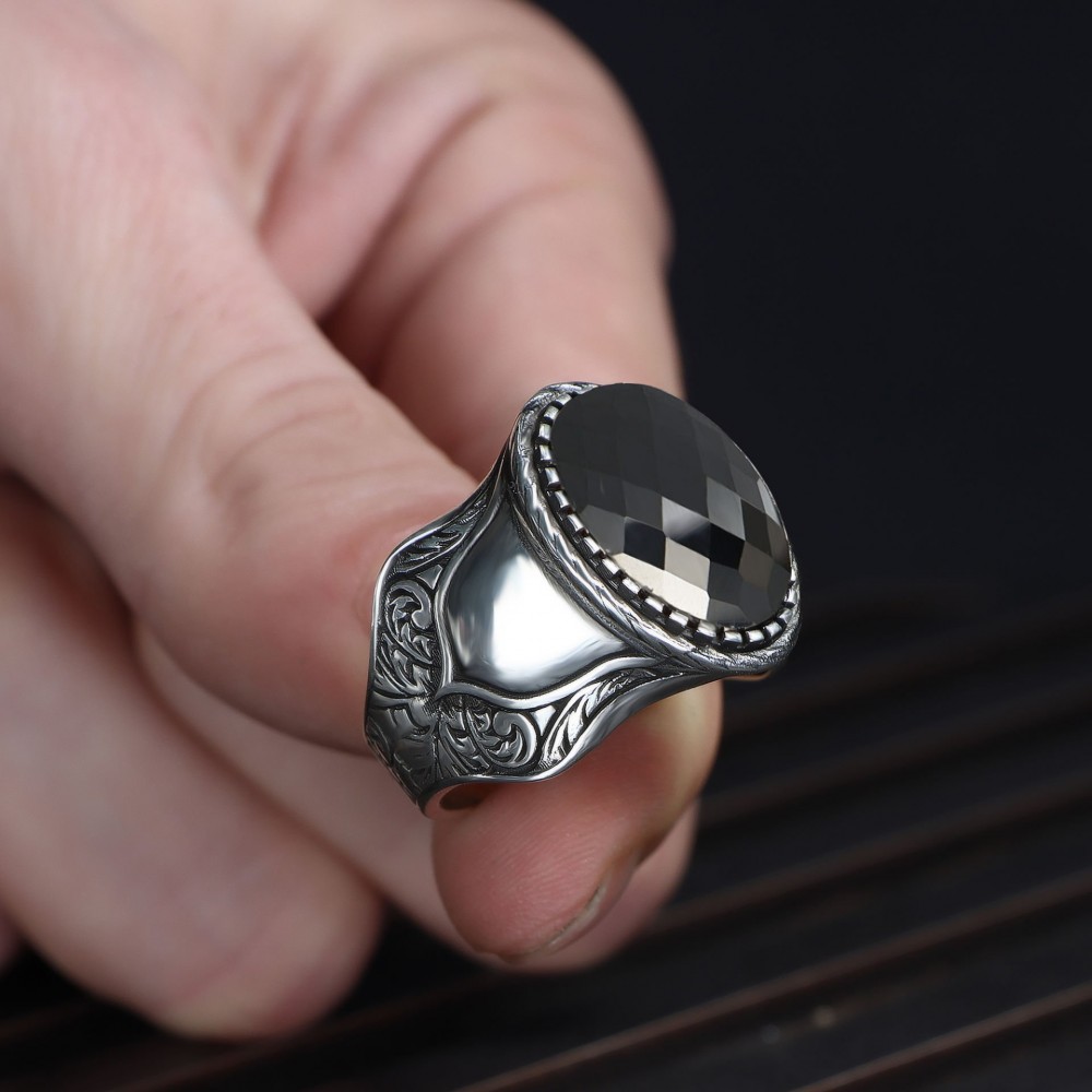 Hand Engraved  Model Zircon Stone 925 Sterling Silver Men's Ring