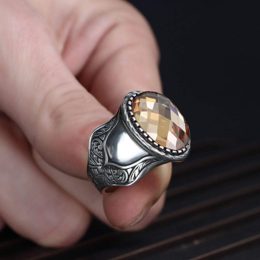 Hand Engraved  Model Citrine Stone 925 Sterling Silver Men's Ring