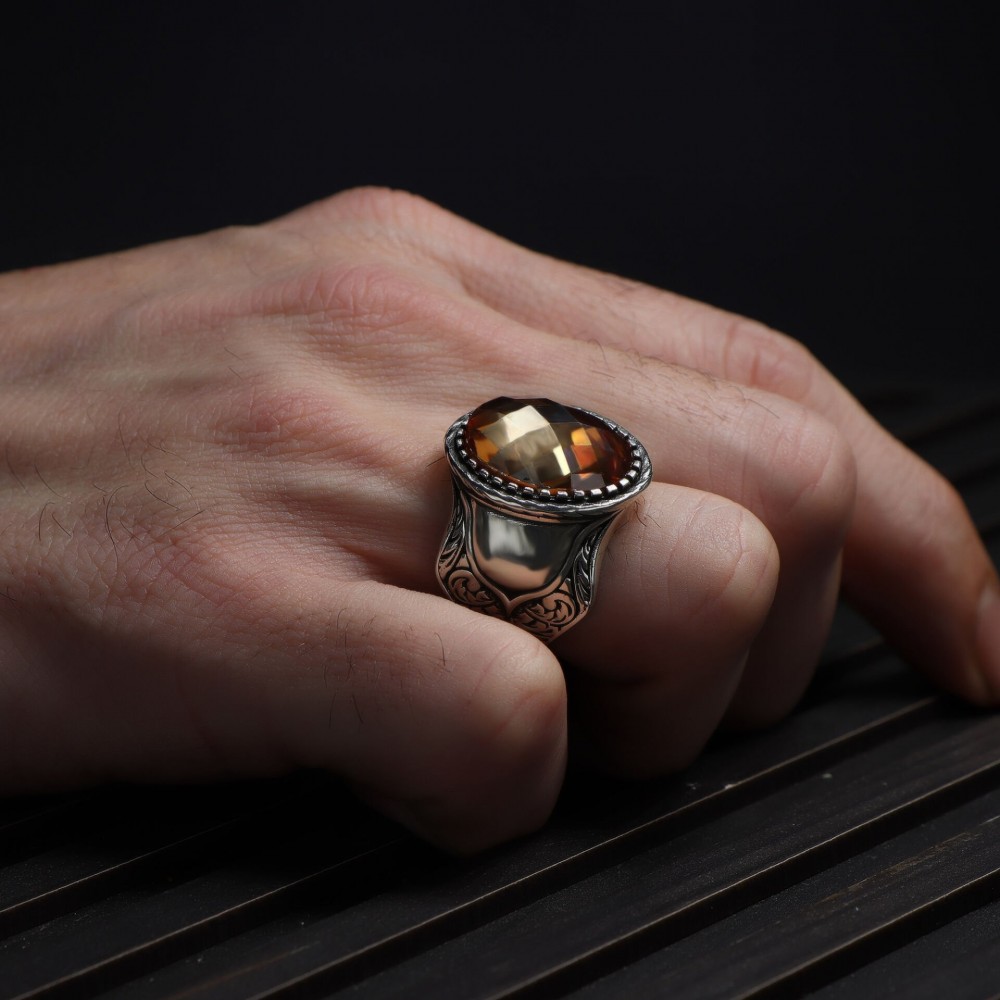 Hand Engraved  Model Citrine Stone 925 Sterling Silver Men's Ring