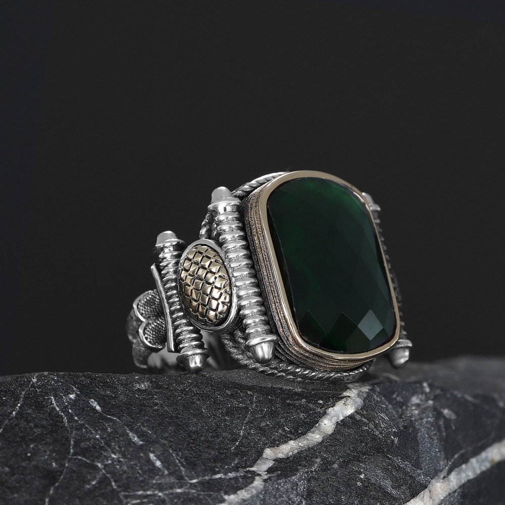 Silver Men's Ring with Green Zircon Stone
