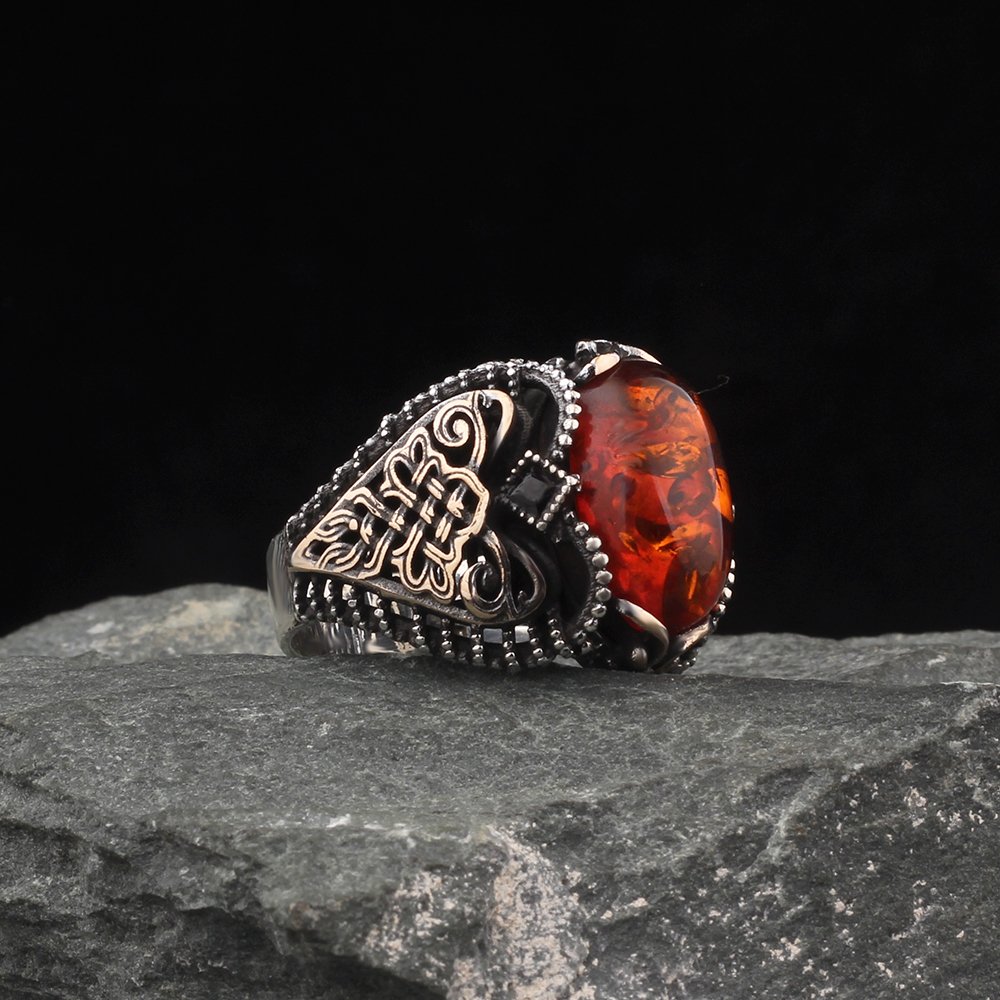 Amber Stone Hand Engraved  925 Sterling Silver Men's Ring