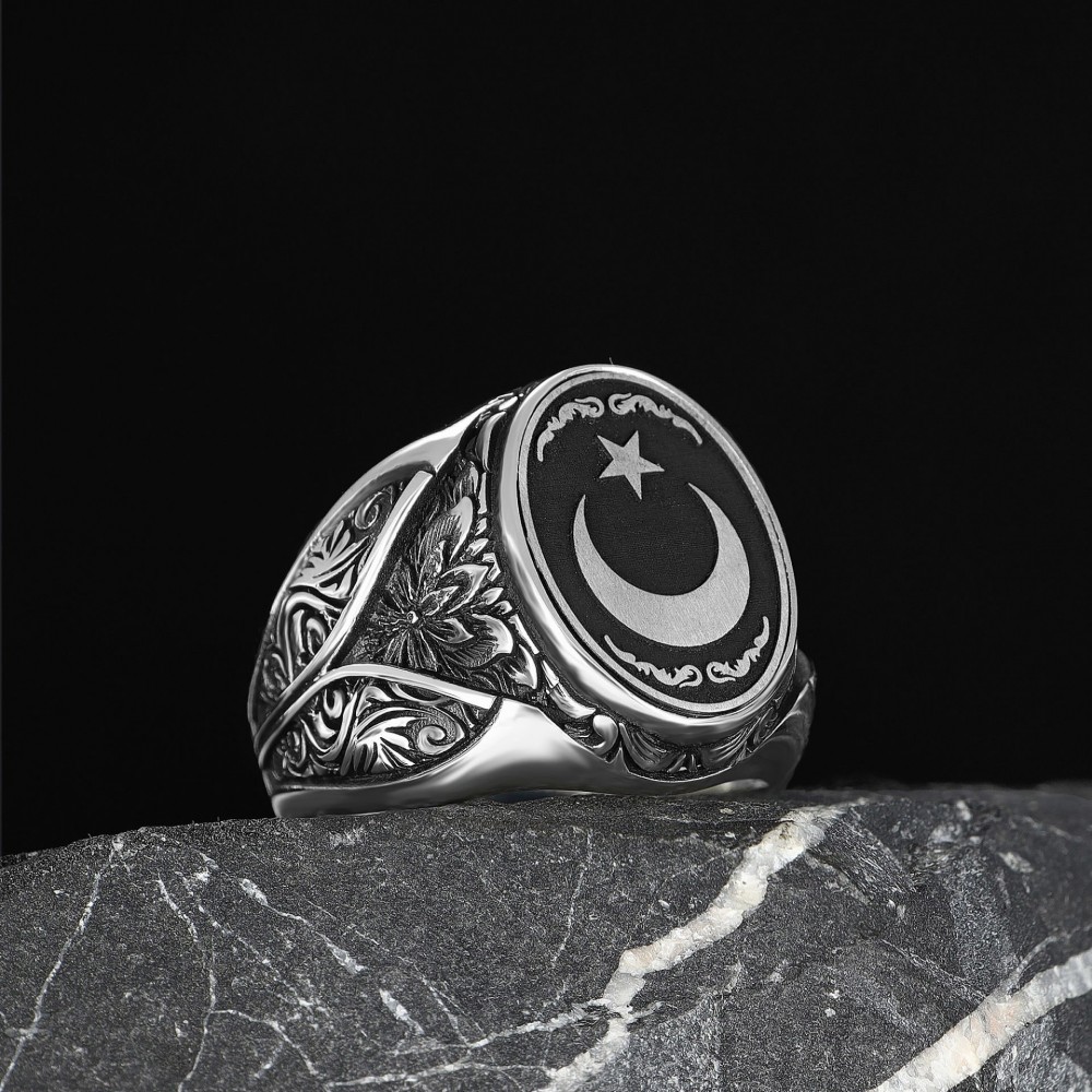 Hand Engraved  Silver Ring with Star and Crescent Symbol