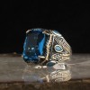 Blue Topaz Stone Hand Engraved  925 Sterling Silver Men's Ring
