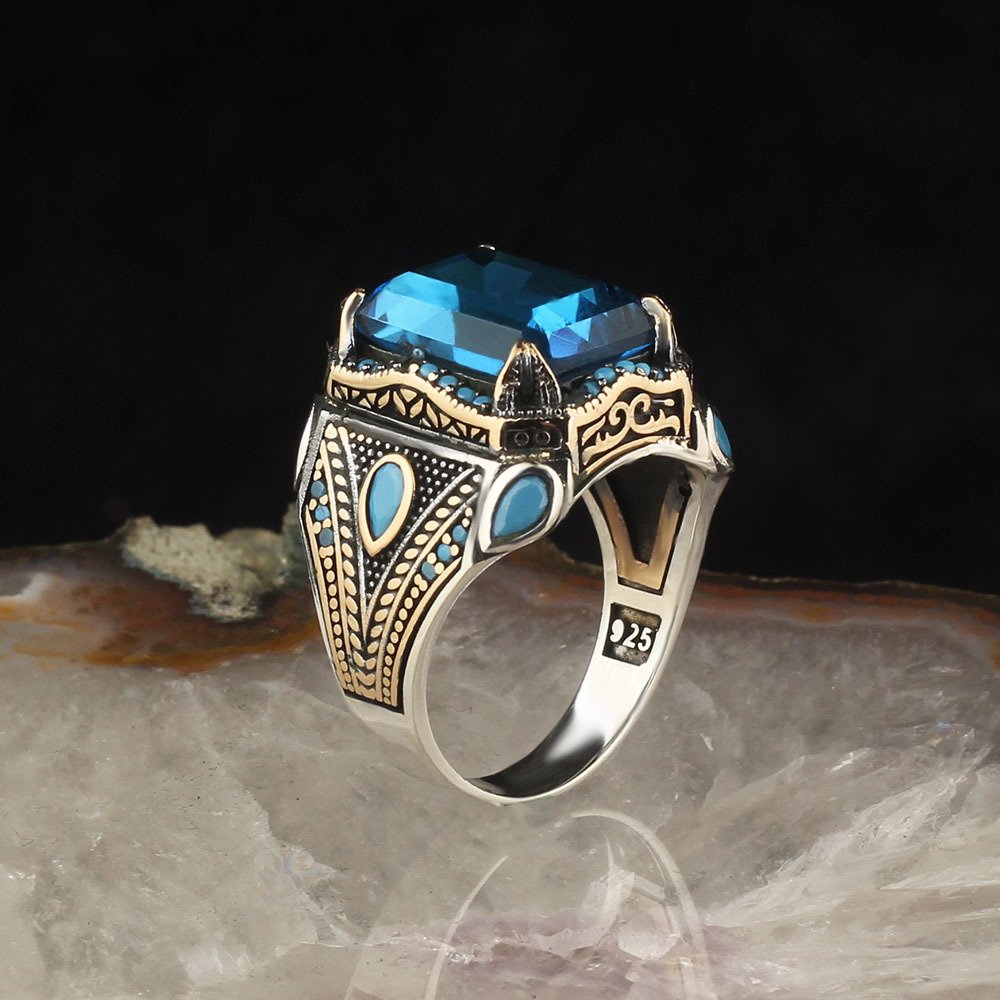 Blue Topaz Stone Hand Engraved  925 Sterling Silver Men's Ring