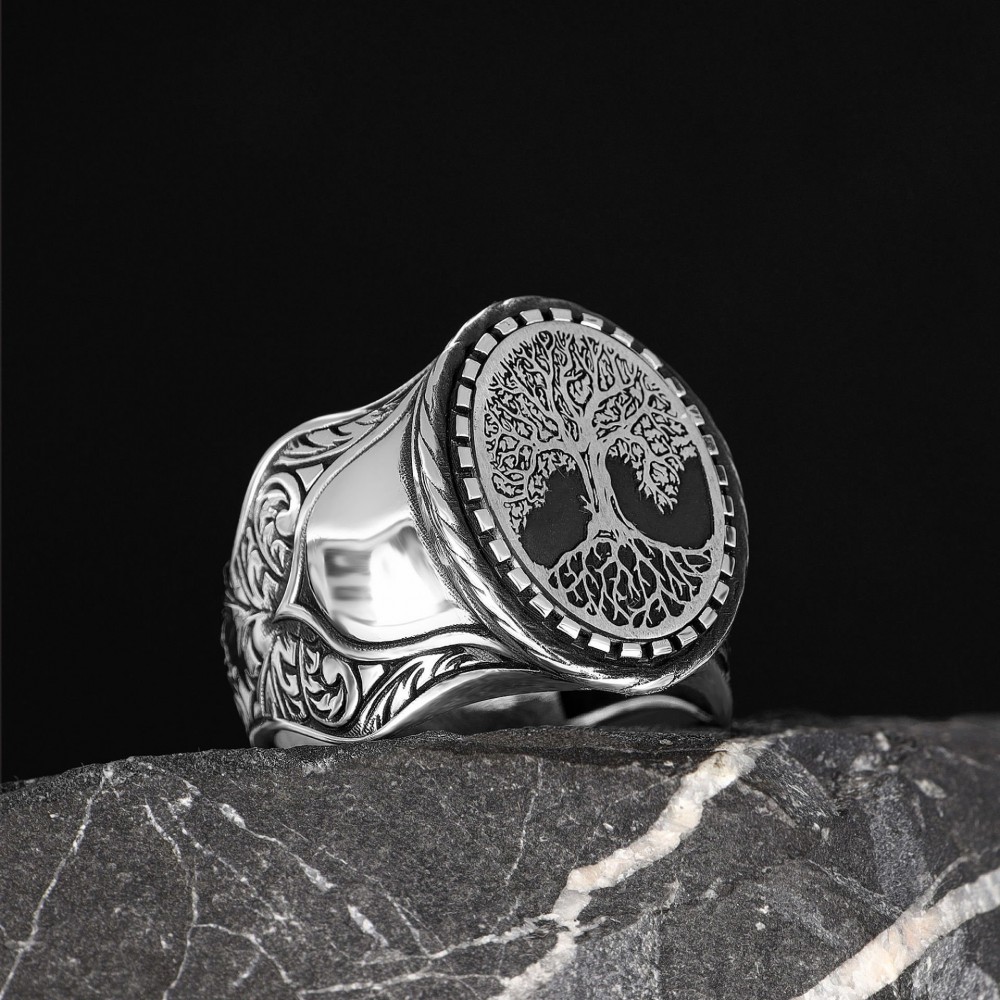 Hand Engraved  Silver Ring with Tree of Life Symbol