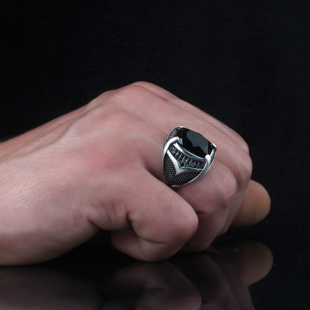 925 Sterling Silver Men's Ring with Black Zircon Stone