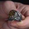 Fossil Genuine Amber Stone Men's Silver Ring