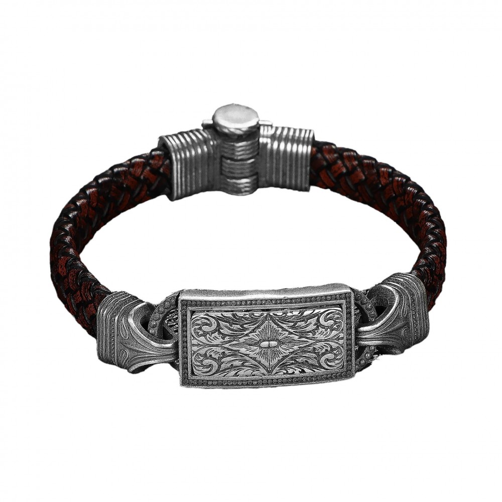 Hand Engraved Model 925 Sterling Silver Leather Bracelet for Men