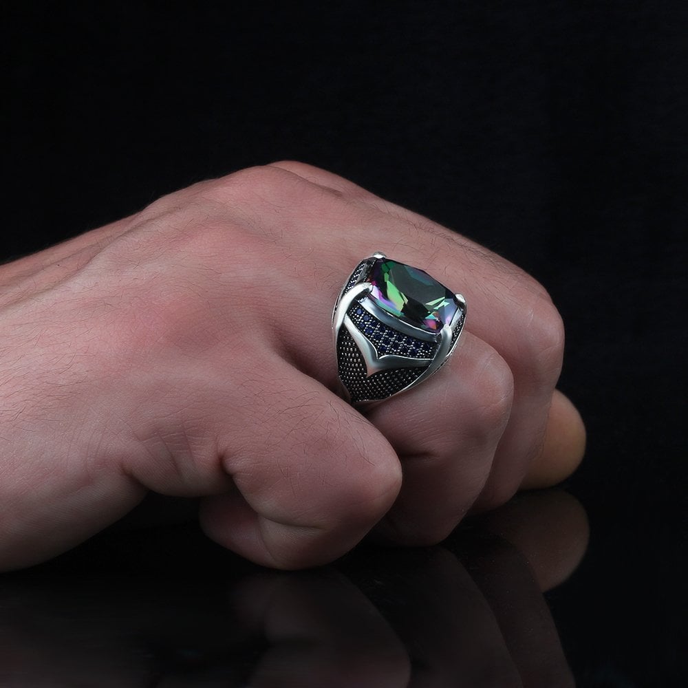 925 Sterling Silver Men's Ring with Mystic Topaz Stone