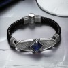 Hand Engraved Stone Model 925 Sterling Silver Men's Leather Bracelet