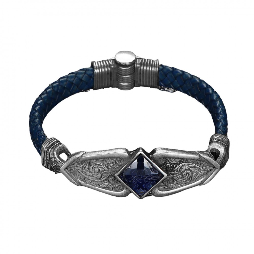 Hand Engraved Stone Model 925 Sterling Silver Men's Leather Bracelet
