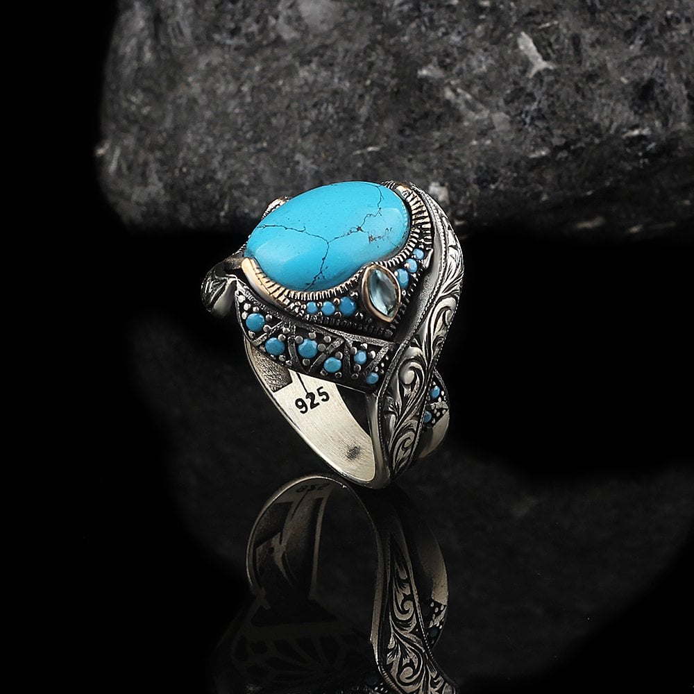 Hand Engraved Turquoise Stone Men's Silver Ring