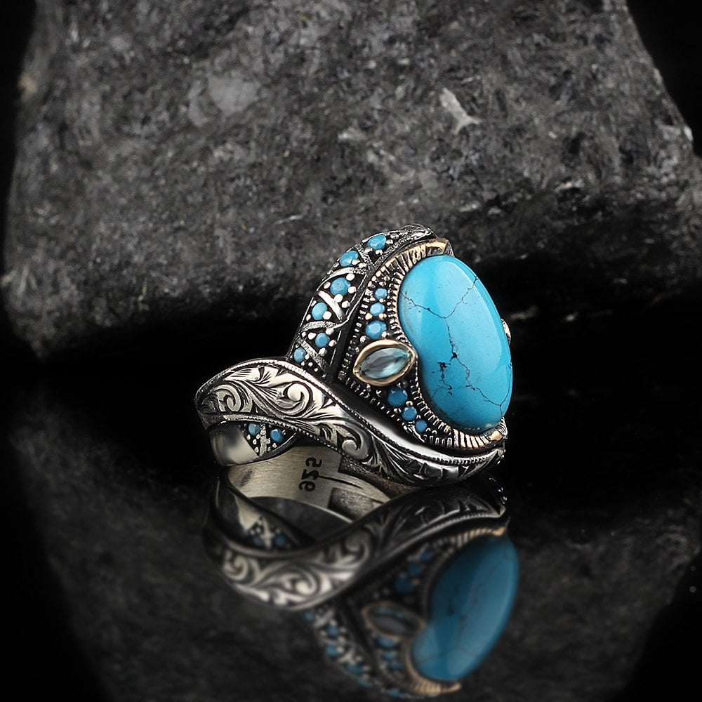 Hand Engraved Turquoise Stone Men's Silver Ring
