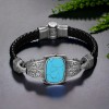 Hand Engraved Turquoise Stone Model 925 Sterling Silver Leather Bracelet for Men