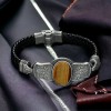 Hand Engraved Tiger's Eye Stone Model 925 Sterling Silver Men's Leather Bracelet