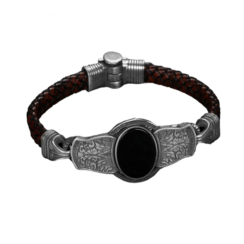 Hand Engraved Onyx Stone Model 925 Sterling Silver Men's Leather Bracelet