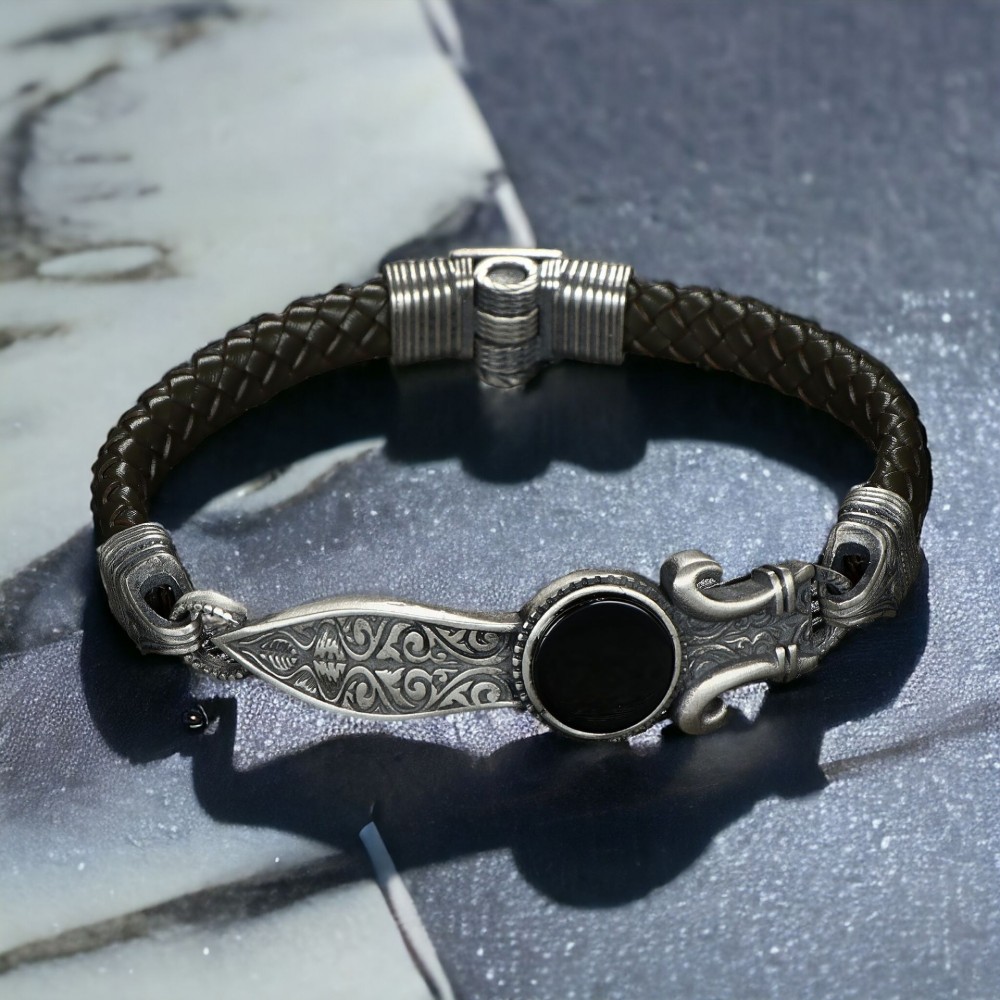 Hand Engraved  Sword Model Onyx Stone 925 Sterling Silver Leather Men's Bracelet