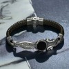 Hand Engraved  Sword Model Onyx Stone 925 Sterling Silver Leather Men's Bracelet
