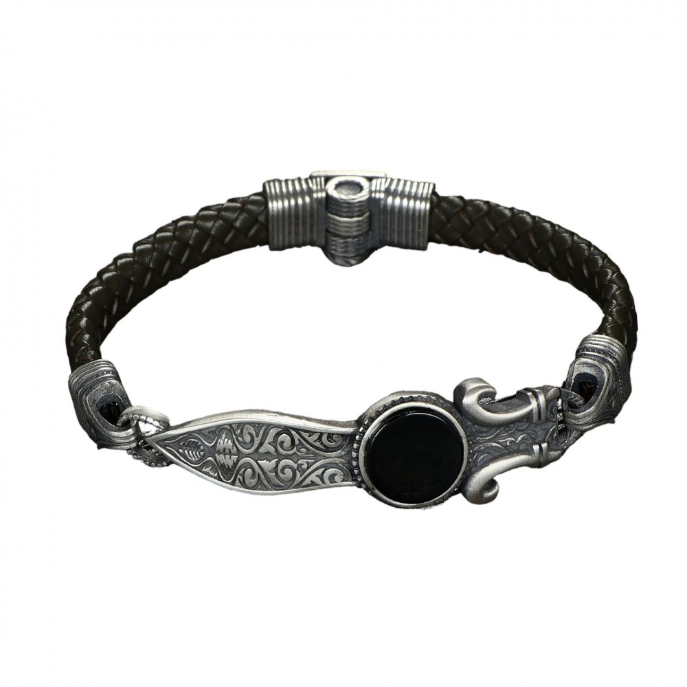 Hand Engraved  Sword Model Onyx Stone 925 Sterling Silver Leather Men's Bracelet