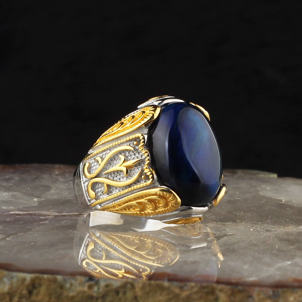 Blue Tiger Eye Stone Rhodium Plated 925 Sterling Silver Men's Ring