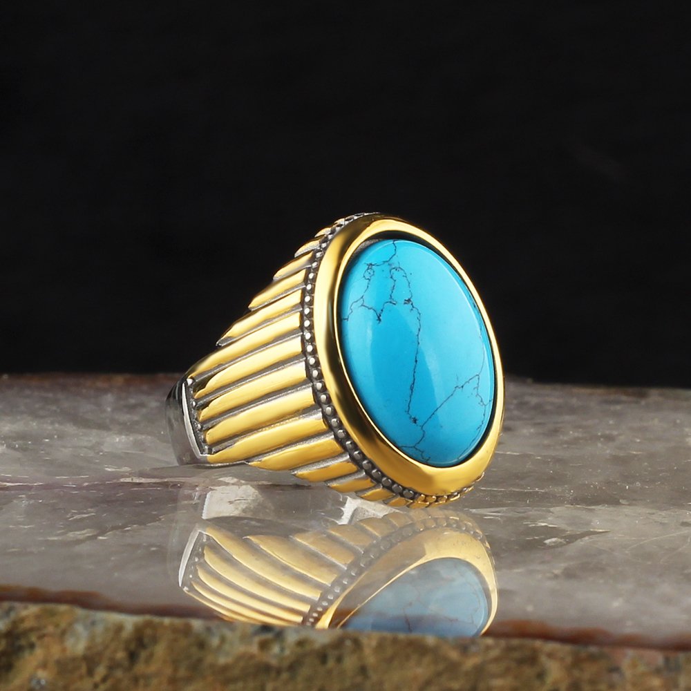Turquoise Stone Rhodium Plated 925 Sterling Silver Men's Ring