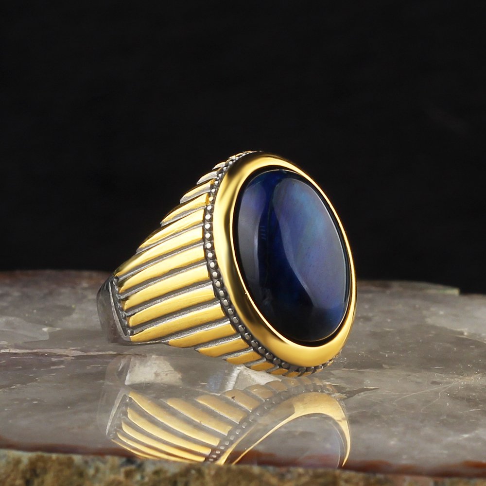 Blue Tiger Eye Stone Rhodium Plated 925 Sterling Silver Men's Ring