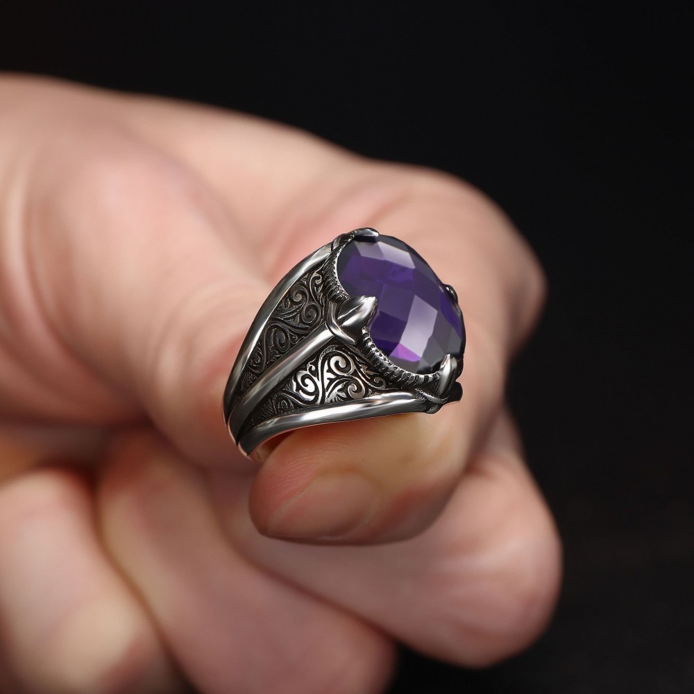 925 Sterling Silver Amethyst Stone Men's Ring