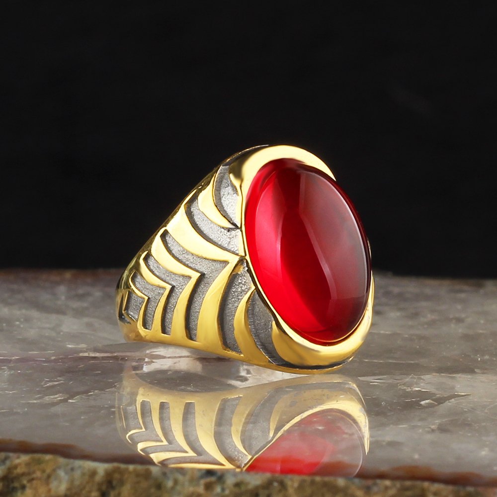 Red Agate Stone Rhodium Plated 925 Sterling Silver Men's Ring