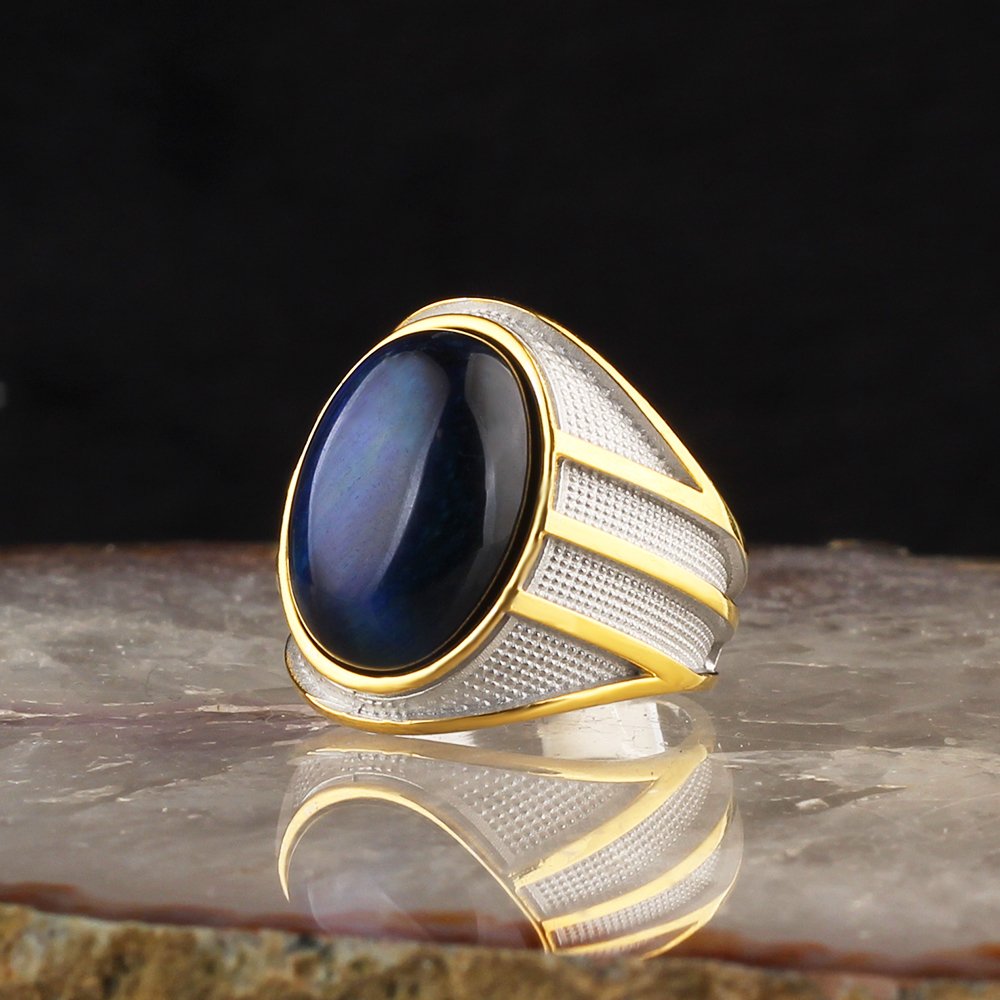 Blue Tiger Eye Stone Rhodium Plated 925 Sterling Silver Men's Ring